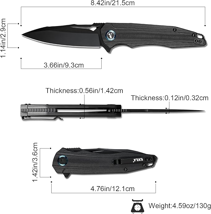 VNLA Folding Pocket Knife.with Flipper Opening,Sandvik 14C28N Blade, G10 Handle,with Pocket Clip,for Men Women,Sharp Outdoor Tool EDC Knives (Black Blade)