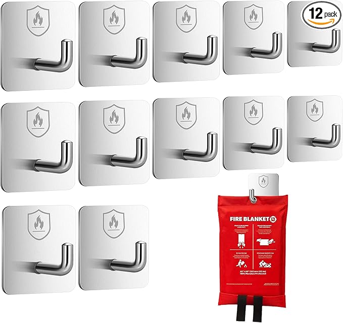 12 Pack Adhesive Wall Hooks for Fire Blankets, Stainless Steel Emergency Fire Blanket Hook Waterproof and Fireproof for Home Bathroom Office Indoor Outdoor Wall Hanging