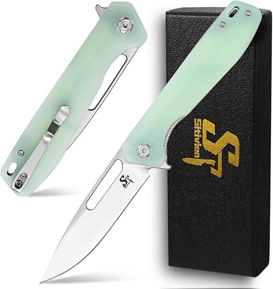 Sitivien ST801 Folding Knife,8Cr18Mov Steel Blade with G10 Handle Pocket Knife EDC Tool Knife for Outdoor Survival, Camping, Hiking,Hunting(Jade) …