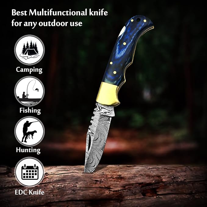 Retirement Gifts for Men - Personalized Damascus pocket knife with sheath - Custom Engraved 2025 Retirement Gifts for Him, Dad, Husband, Boss, Coworker - Best Mens Retirement Gift Ideas