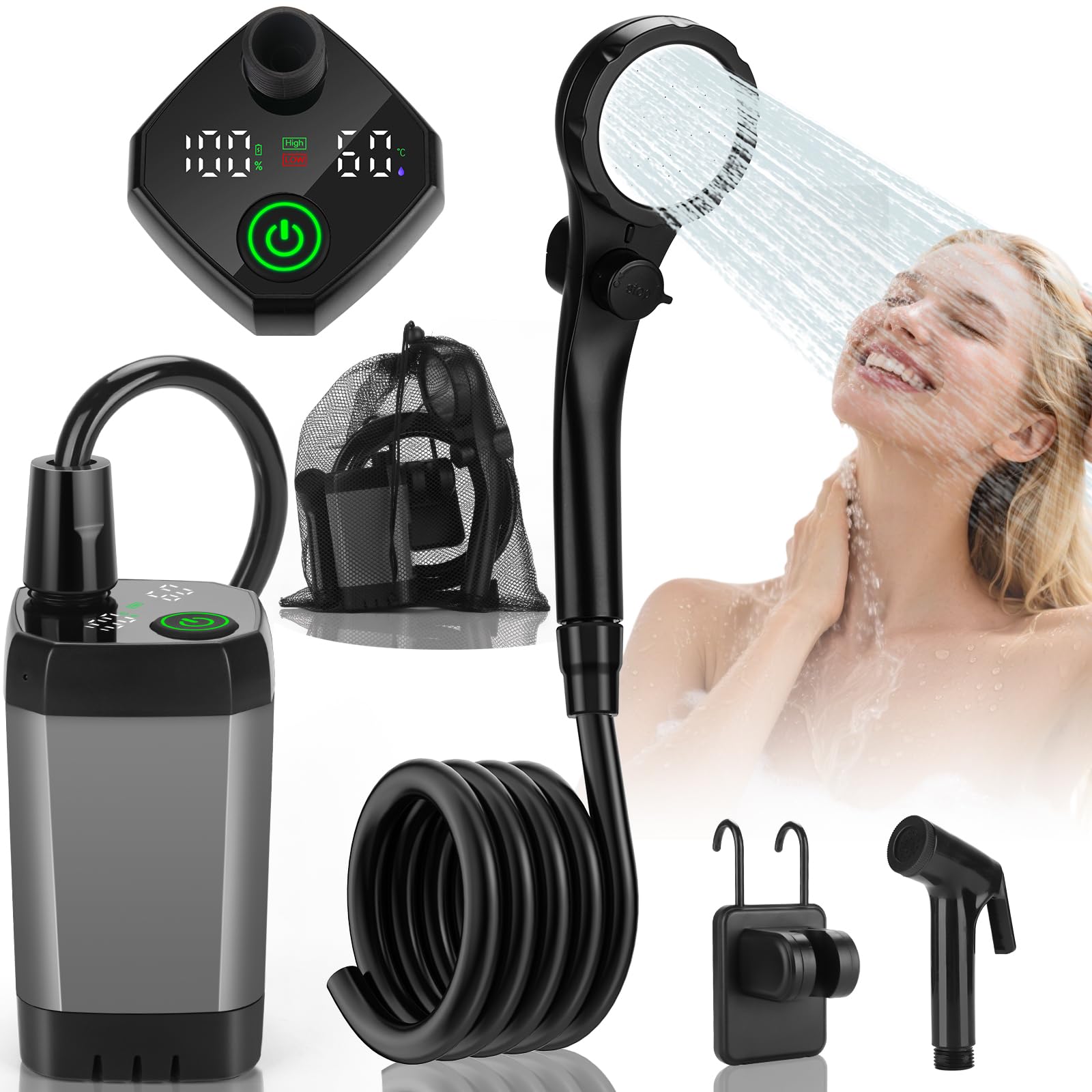 vignuto Portable Shower for Camping, Rechargeable Camping Shower kit with LED Display of Battery