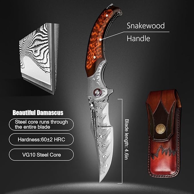 4.6in Damascus steel blade, ebony inlaid with serpentine wood handle with leather pocket folding knife, suitable for camping cutting