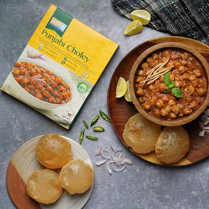 Ashoka Indian Entrees 1932, Vegan Savory Chickpeas, All-Natural, Heat & Serve Instant Meals, Punjabi Choley, Kosher Certified, Travel Friendly, Gluten-Free, and with No Preservatives, Pack of 10