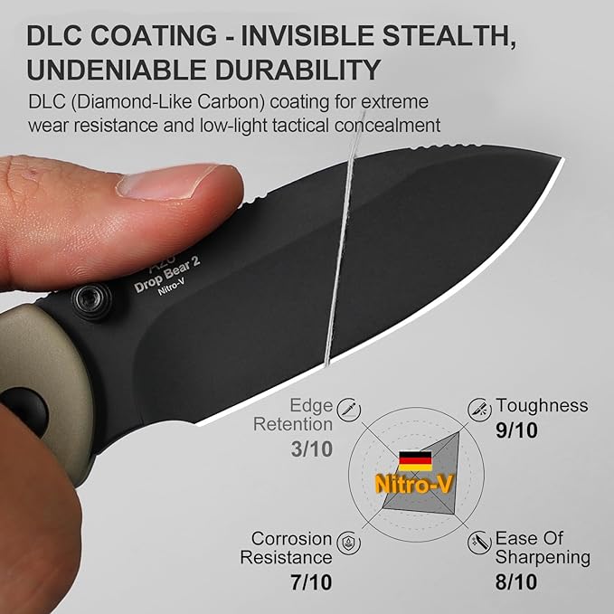 Kizer Drop Bear 2 Pocket Knife, 2.92" Nitro-V Drop Point Blade Folding Knife with Tan Aluminum Handle, Button Liner Lock EDC Knives with Jimping on Spine for Men Women V3619.2CD1