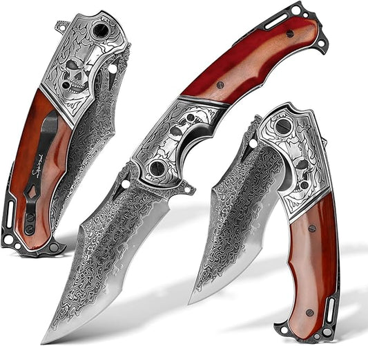 Damascus pocket knife clip leather sheath, VG10 core folding knife, portable EDC clip, outdoor survival camping bone handle