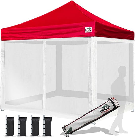 Eurmax USA 10'x10' Pop-up Canopy Tent Commercial Instant Canopies with 4 Removable Zipper End Screen Wall kit and Roller Bag, Bonus 4 SandBags(Red)
