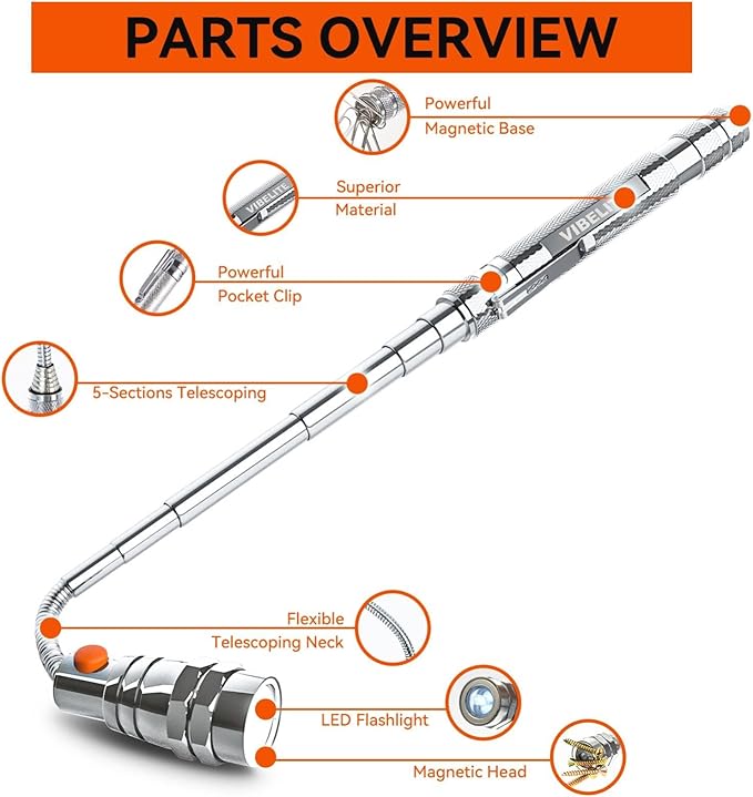 Extendable Magnetic LR44 Flashlight with Telescoping Magnet Pickup Tool-Cool Gadget Gifts for Him, Husband, Men, Dad, Father, Mechanic,Tech, Handyman, Boyfriend, Women, Silver, 2 Pack