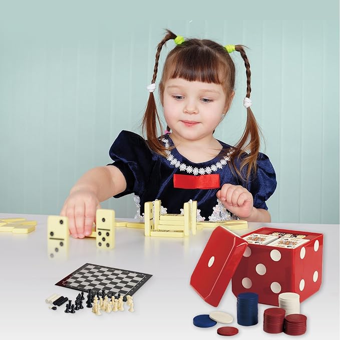 Gamie 6-in-1 Dice Cube Game Set Board Game and Casino Set?“Includes Chess, Checkers and Backgammon, 2 Decks of Playing Cards, Poker Chips, Poker Dice and Dominoes-Complete Kit for Family Fun