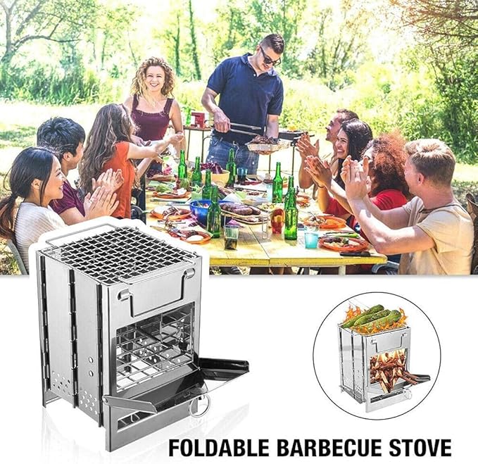 Camping Wood Burning Stove with Grill, Collapsible Backpacking Survival Rocket Stove Stainless Steel Campfire Stove for Outdoor Cooking Picnic Hiking BBQ (Sliver-Small)