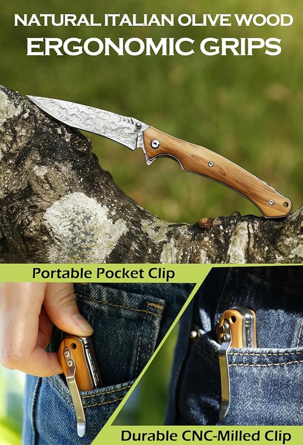 YOUSUNLONG Folding Knives Overall 210mm Pocket Knife - Hammered Damascus Steel Blade - Natural Italian Olive Wood Cover