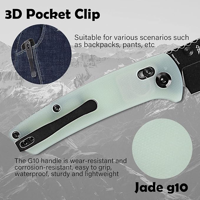 KANSEPT Main Street Pocket Folding Knife, 3.36''Black Ticn Coated 154CM Sharp Steel Blade, Jade G10 Handle with Axis Lock and Thumb Stud, Perfect Clip for Camping Hiking Fishing Everyday Carry T1015v7