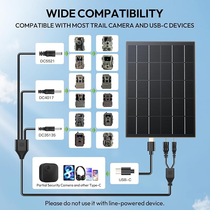 8W Solar Panel for Trail Camera with Build-in 44.4Wh Rechargeable Battery, Comes with 360°Adjustable Mounting, 6V/12V DC & USB-C Port for Outdoor Camera, Trail Camera, Type-C Device IP66 Waterproof