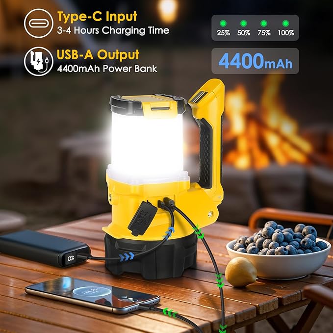 Tripod Rechargeable Camping Lantern, 6 Modes LED Flashlight Handheld Spotlight with 4000LM, 4400mAh Power Bank, IPX4 Waterproof Searchlight Work Light for Emergency Hiking Survival Kit - Yellow