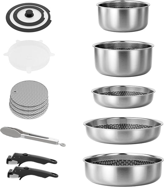 Caannasweis Detachable Nonstick Cookware Set - Stackable Induction Pots and Pans With Removable Handles, Dishwasher Safe - For RV Camping, Oven and Stovetop Use, 5 Pieces (Stainless Steel)