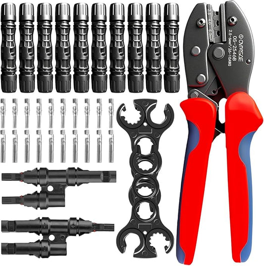 OYMSAE Solar Crimper Tool Kit with Y Connector - 24 PCS Solar Tools for PV MC4 Connectors: 10-14AWG Ratcheting Crimper, 10 Pairs Connectors, 2 Wrenches