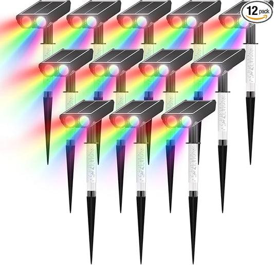 RGB Solar Spot Lights : 2 IN 1 Solar Lights Outdoor with 8 Lighting Modes & PC Light Guide Column for Tree Garden Yard Pathway | RGB Color Changing Landscape Lights | IP65 Waterproof | 12 Pack