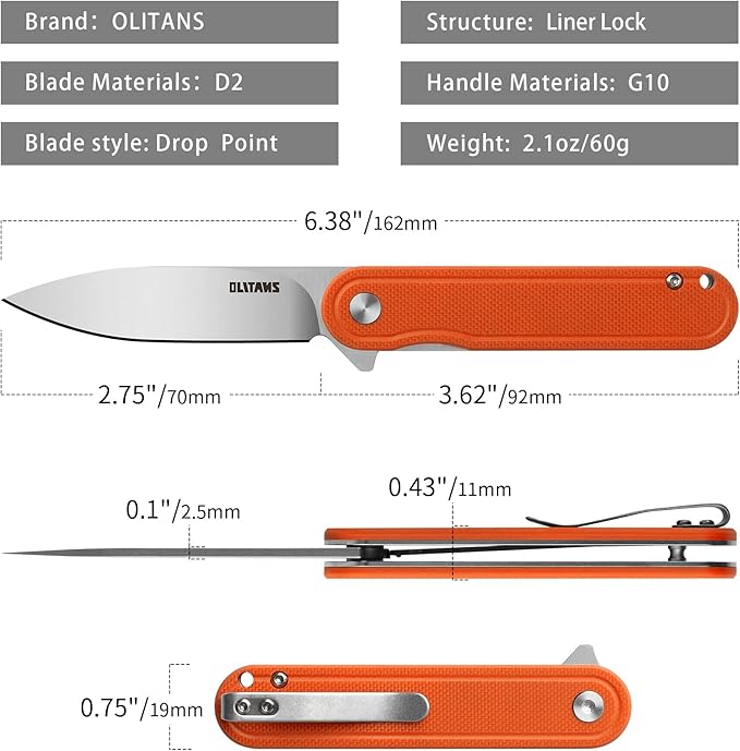 G040 Pocket Knife, 2.75'' D2 Steel Blade G10 handle, Small EDC Knife with Pocket Clip for Men Women, 2.1oz