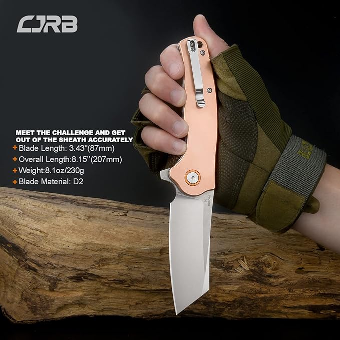 CJRB Crag Folding Pocket Knife, 3.43" D2 Steel Blade Copper Handle EDC Knife with Pocket Clip for Men Women Camping Survival Hiking, Stone Wash (J1904)