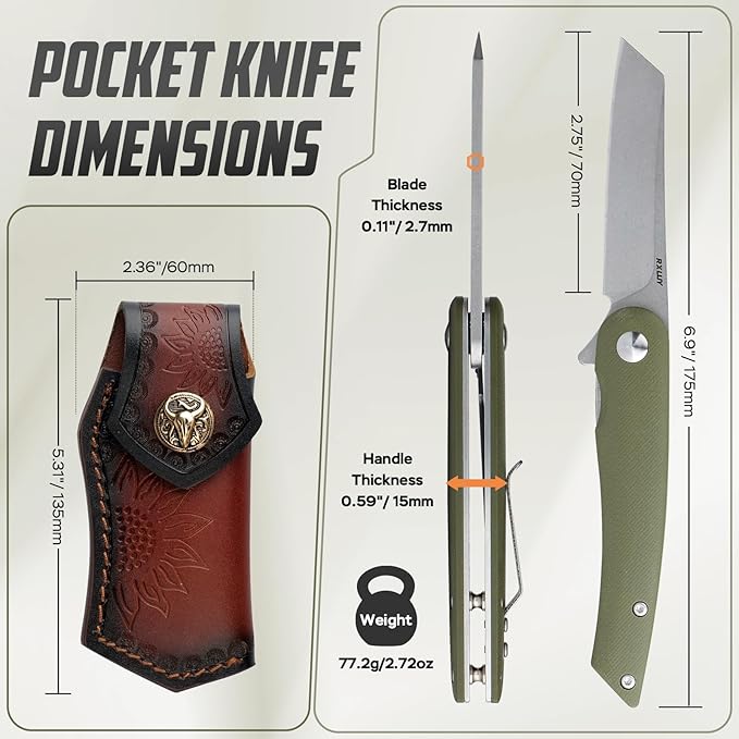 Folding Pocket Knife with Leather Sheath, 2.79??14C28N Steel Blade Micarta Handle Flipper Liner Lock Small EDC Folding Knife, Sharp Camping Hunting Outdoor Survival Knives for Men Women (Green)