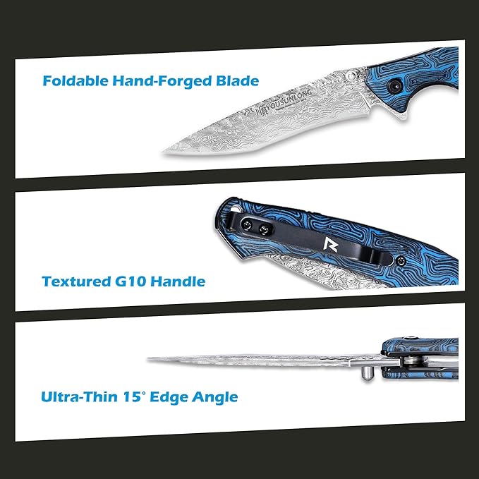 YOUSUNLONG Folding Knife - Hammered Damascus Steel Blade - Blue Damascus texture G10 Cover