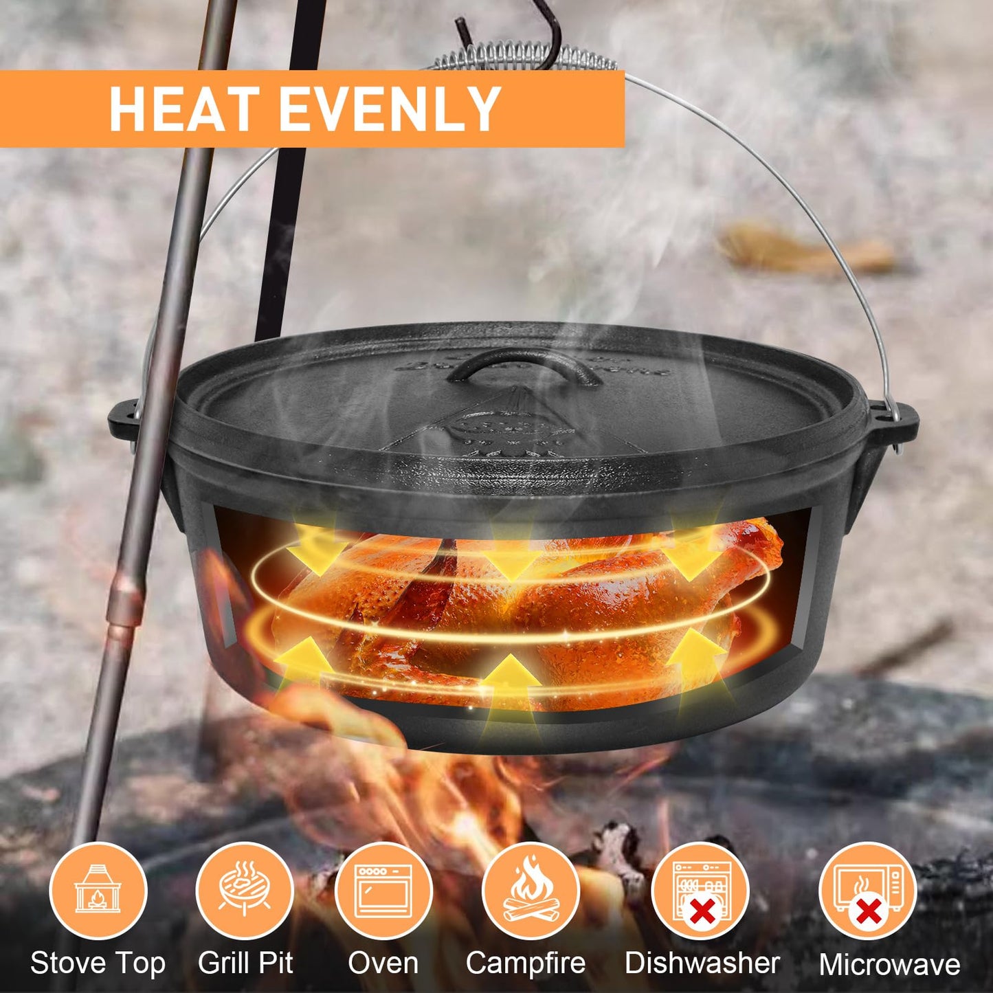NSIRONS Camping Dutch Oven,12 Qt Pre-Seasoned Cast Iron Camp Dutch Oven Pot with Lid - Lid Lifter