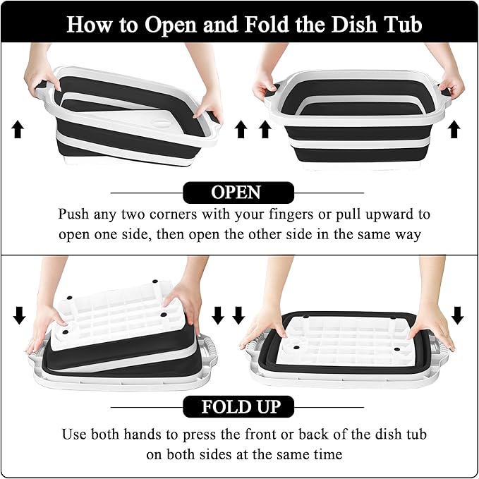 Collapsible BBQ Prep Tubs with Lids, Grill Cutting Board, Camping Sink with Drainage Hole for Meal Prep, Fruit Wash and Food Storage, Marinating Container, 30L Black Tub 24"