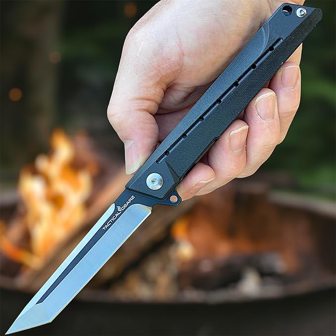 TACTICAL GEARZ Pocket Folding Knife for EDC, G10 Handle, D2 Steel Tanto Blade, Includes Sheath (Nyx Shadow)