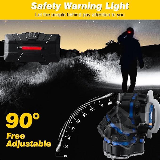 Rechargeable Headlamp,18000 Lumen Bright 8 Led Head Lamp, 16 Modes Adjustable Motion Sensor Headlight with Red Light, Waterproof Head Flashlight for Outdoor Hiking Camping Blue
