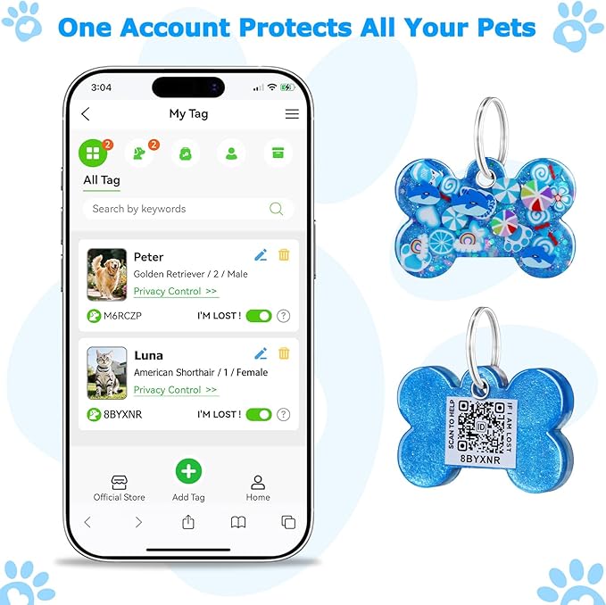 Resin Dog Tags Personalized for Pets with QR Code, Silent Online Editable Pet ID Tags for Medium to Large Breeds Dogs Cats, Scan Alerts & Send Location, No App No Subscription Fee, Hand Made (1.5*1")