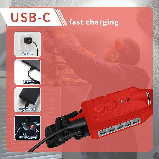 Rechargeable LED Headlamp (Red), 400 Lumens, 230° Wide Beam, USB-C, IPX4, 5 Modes ??Lightweight, Adjustable Headband; Hard Hat Clips for Camping, Hiking, Running & Repairs