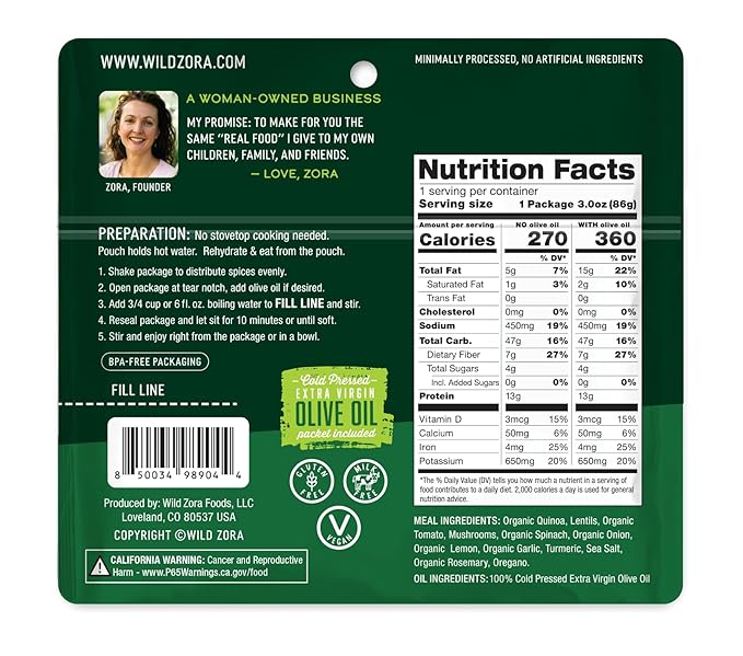 Wild Zora Organic Quinoa Bowls - Quick Prepared Meals, Instant Tasty Bowls, Pantry Staples Gluten-Free Meal with Lentils Plus 10g Olive Oil Packet - Variety (5-Pack)