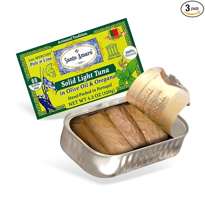 Santo Amaro - Artisanal Wild Tuna Fillets in Olive Oil & Oregano, Pole & Line Caught Tuna from Portugal, Hand-Packed Athens-Style Canned Tuna Fish, 22g Protein, Paleo, Keto, Low Mercury, Pack of 3