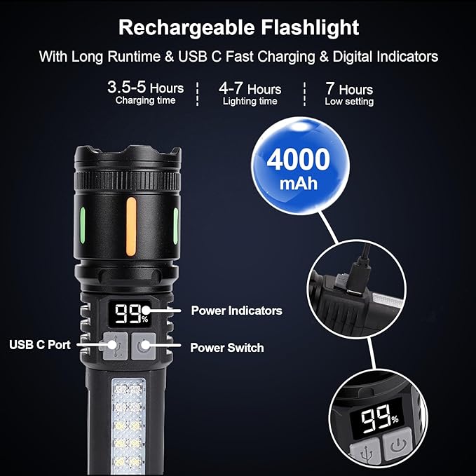 Flashlights High Lumens Rechargeable, 900,000L High Lumens Led Flashlight Battery Powered with 5 Light Modes, Cob Side Light, USB C, Waterproof, Zoomable, Blue & Red Flash, Handheld Flash Lights