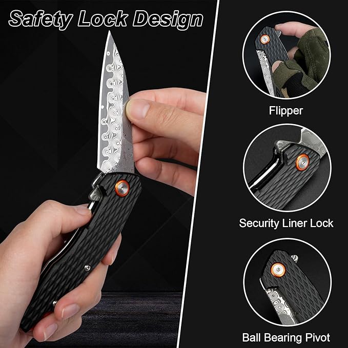 Damascus Folding Knife, 3.03" Damascus Steel Blade Pocket Knives with Clip, Black Aluminum Handles, Camping Folding Knife for Hunting Fishing Hiking Outdoor