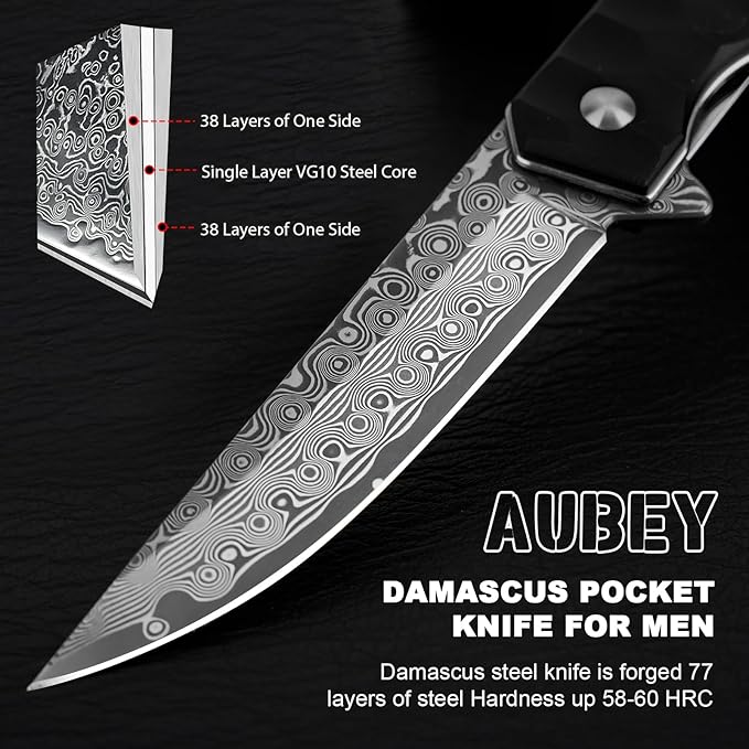AUBEY Damascus Pocket Knife with Clip, Tanto Blade Damascus Steel Folding Knives for Men Tactical, Aluminum Handle with Glass Breaker for EDC Camping