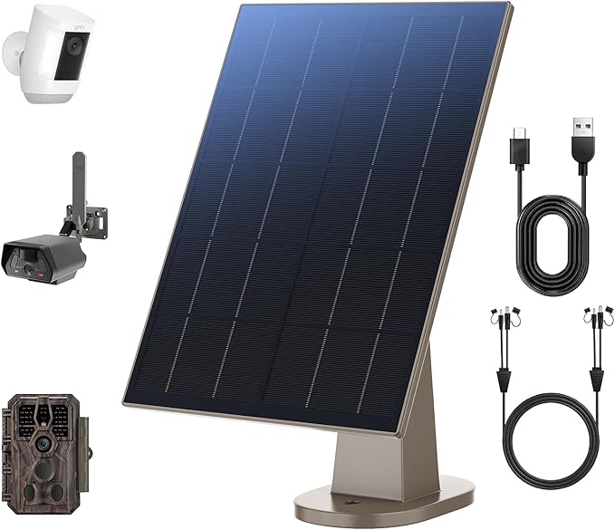 8W Solar Panel for Trail Camera with Build-in 72Wh Rechargeable Battery, Comes with 360°Adjustable Mounting, 6V/12V DC & USB-C Port for Outdoor Camera, Trail Camera, Type-C Device IP66 Waterproof