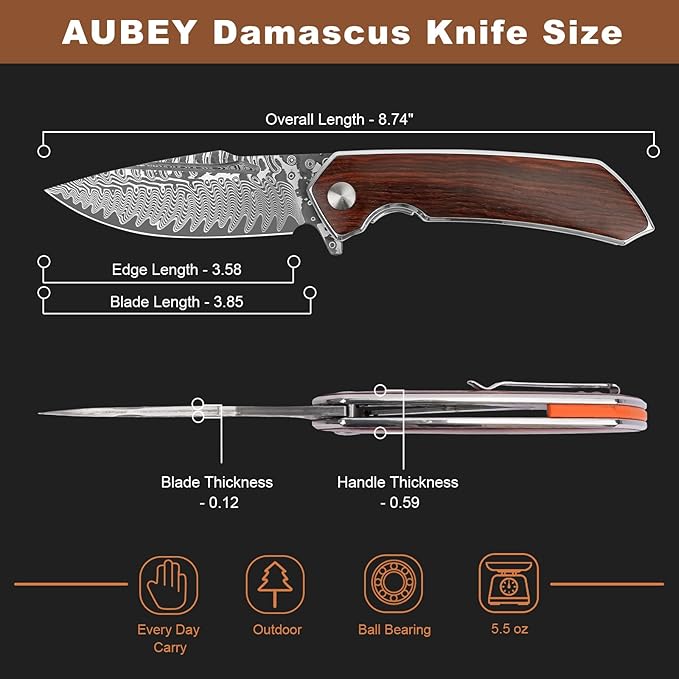 AUBEY Damascus Pocket Knife with Clip, Damascus Steel Blade Folding Knives with Ball Bearing, EDC Knife for Outdoor Camping Collection (Wooden Handle)