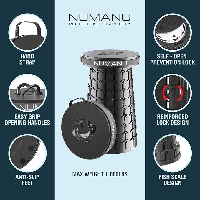 NUMANU 2025 Upgraded 19.7" XXL Collapsible Stool, 1000lbs Max Weight, Wider & Taller Pop Up Seat, Heavy Duty Portable Retractable Folding Chair or Travel Foot Rest, Gift for Camping & Outdoors