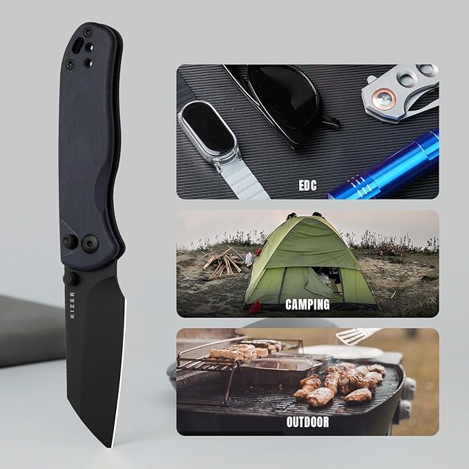 Kizer Drop Bear 2 Pocket Knife, 2.96" Nitro-V Sheepsfoot Blade Folding Knife with Blue Richlite Handle, Button Liner Lock EDC Knives with Jimping on Spine for Men Women V3619.2CS1