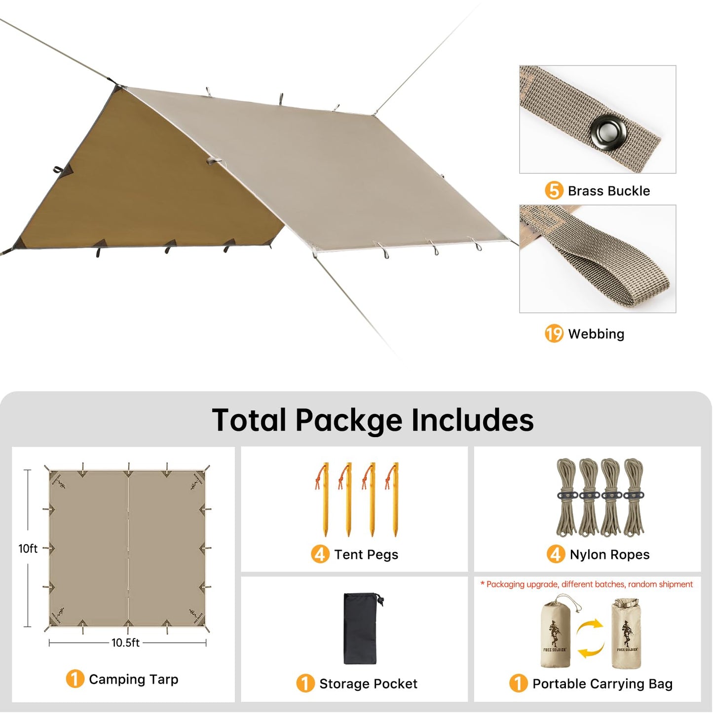 FREE SOLDIER Waterproof Camping Tarp Shelter Awning(Beige 10×10.5ft)