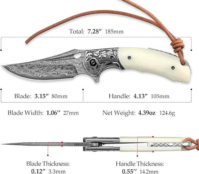 Pocket EDC Knife for Men, Folding Knife with Clipï¼?3.15" Damascus Steel Blade，OX Bone Handle, Leather Sheath for Camping Hiking knife，Puppis-02W