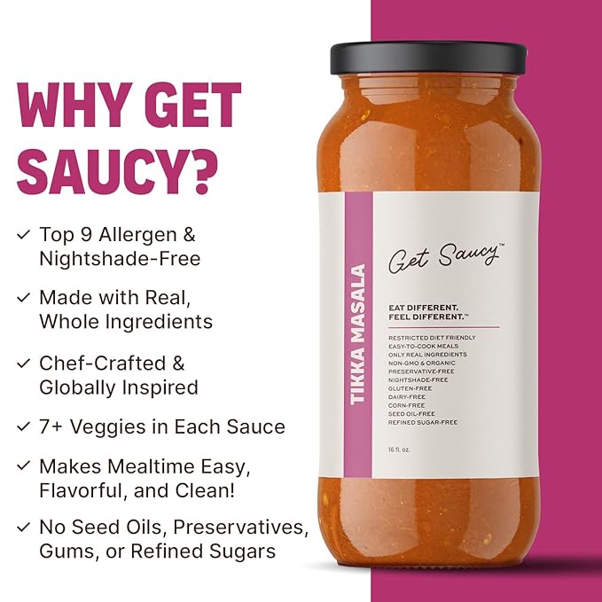 Get Saucy Tikka Masala Sauce - Gluten-Free, Dairy-Free, Corn-Free, Seed Oil-Free, Refined Sugar-Free, Nightshade-Free, Organic, Non-GMO, Preservative-Free, Healthy & Easy Meal (1 Pack, 16oz)