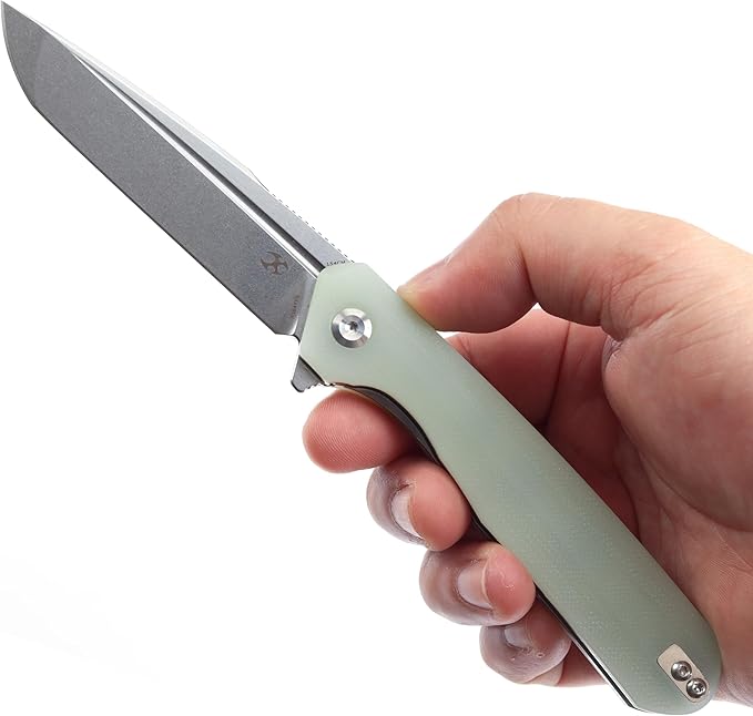 KANSEPT Qilin Pocket Knife,3.24'' Stonewashed 154CM Sharp Tanto Blade, Jade G10 Handle for Edc, Flipper and Liner Lock with Double-Sided Clip, Men Camping Survival Folding Knives T1047T5