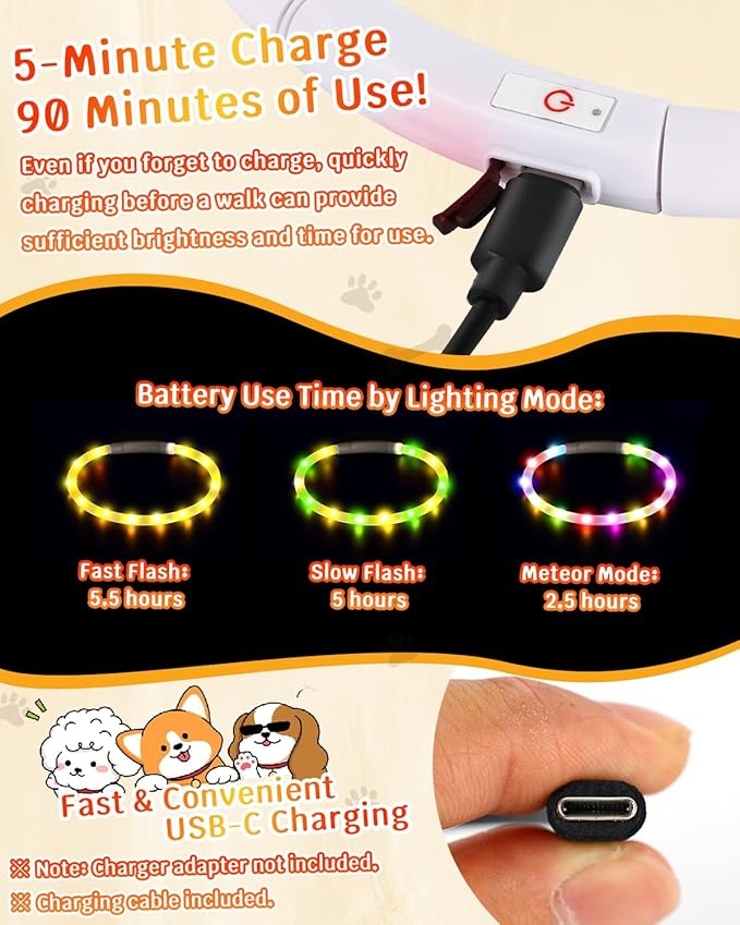 Led Dog Collar【LED Brightness Increased by 83%】 OGURIYA USB-C Rechargeable Dog Necklace Light, Pet Safety Collar Makes Your Beloved Dogs Be Seen at Night for Medium Large Dogs 27.56in Length(70CM)