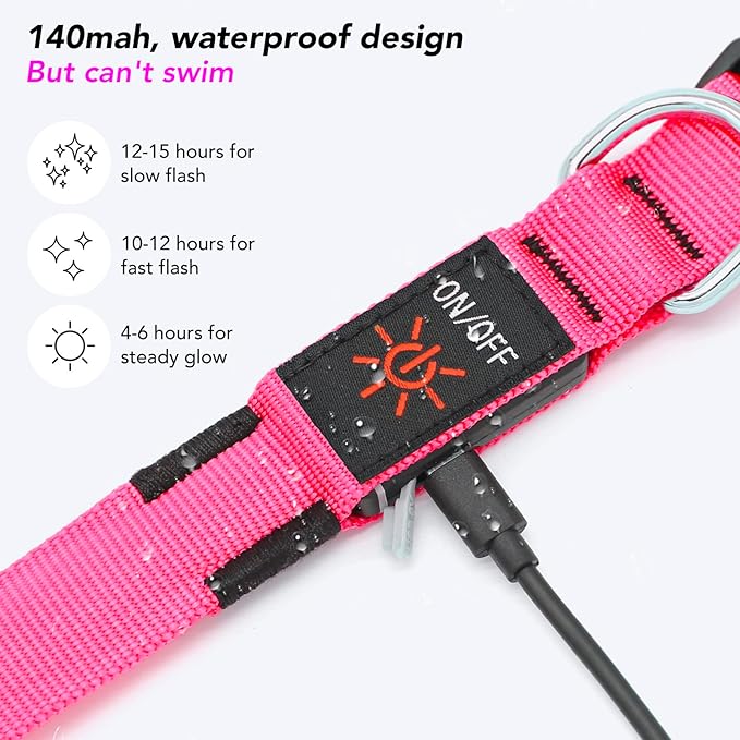 Light Up Collar, Led Dog Collar Adjustable, Rechargeable Waterproof, Night Walking Lights, Glow in Dark for Medium Large Dogs