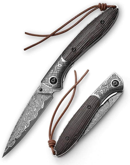 3.15" Handmade Damascus Folding Pocket Knife，EDC Knives Gift for Men，Tree Texture Ebony wood Handle，Ceramic Bearings，Thumb Stud, Steel Bolster, Liner Lock.Piscis Austrinus-01E