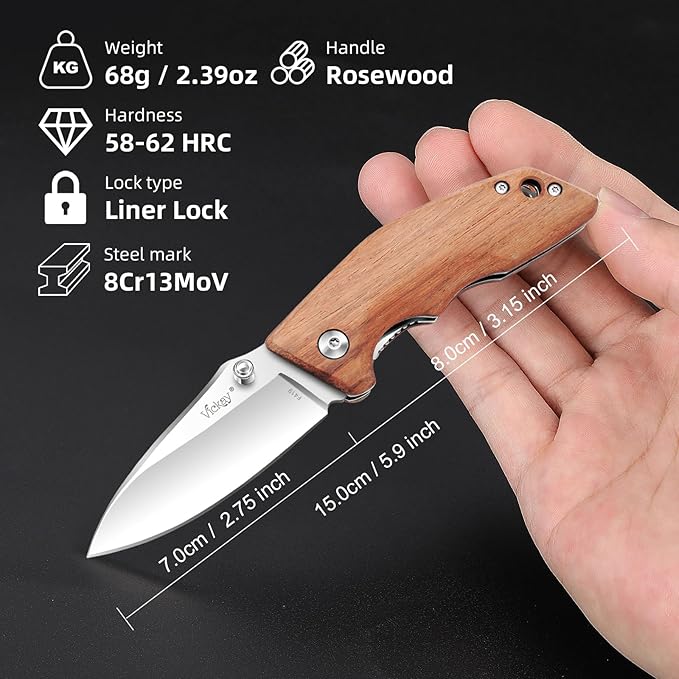 Vickay Pocket Knife, Folding Knife, 2.75" 8Cr13MoV Steel Blade, Wood Handle EDC Knife for Men & Women, Outdoor Camping, Tactical, Hunting, Hiking, Survival - Father?™s Day Gift