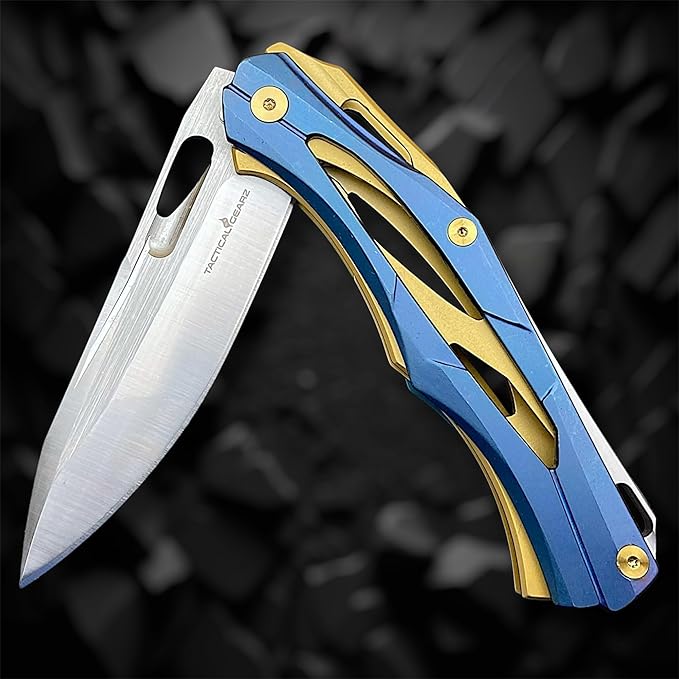 TACTICAL GEARZ Stainless Steel Pocket Knife, Stainless Steel Handle, D2 Steel Drop Point Blade, Ball Bearing Pivot! (Kronus Blue/Gold)
