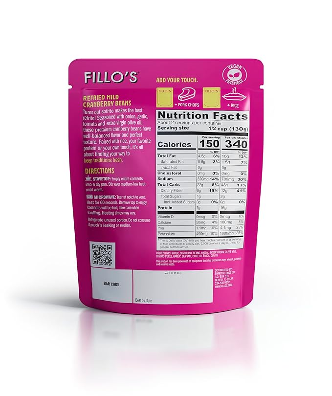 Fillo's Refried Beans - Made with Roman Borlotti Beans aka Cranberry Beans, Ready to Eat, 10 oz Pk of 6, Gluten-Free, Microwavable Meals, Vegan, Plant Protein