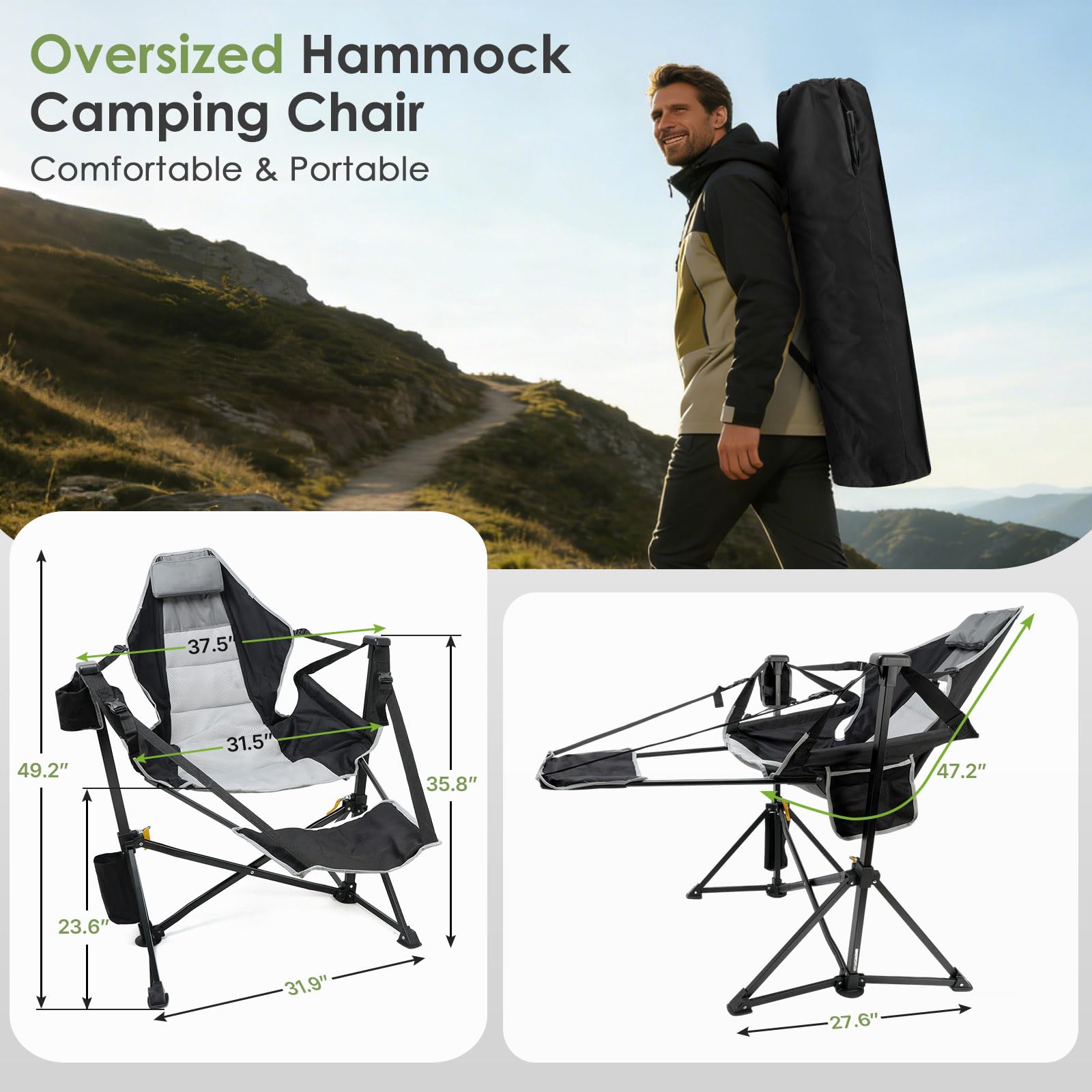 Suteck Hammock Camping Chair with Footrest,500LBS Oversized Swinging Chairs